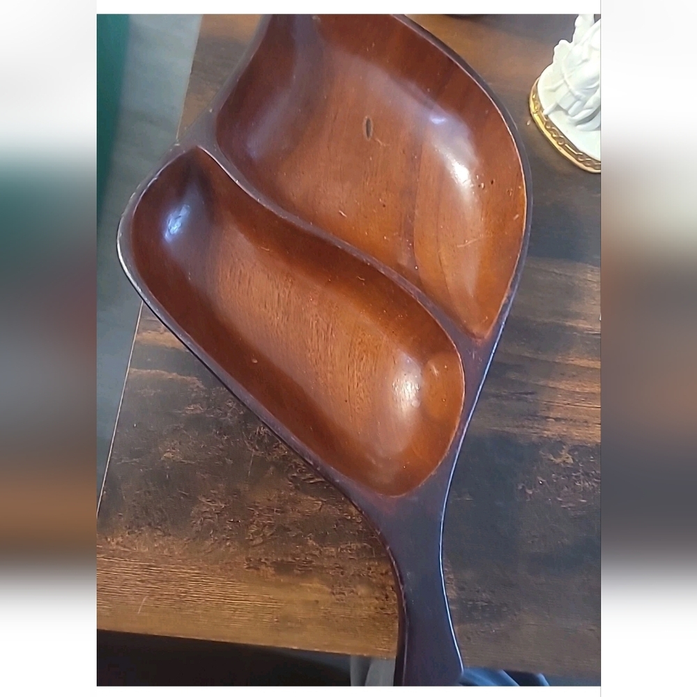 Vintage Hand Made Mahogany Wood Leaf Tray 2 compartment Virgin Islands 14"x 7.5"